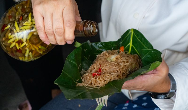 Pancit habhab, Ivatan-style. Completely zero-waste, as it's eaten on a breadfruit (locally called "kabaya") leaf.